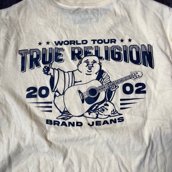 Y2K True Religion Men's MD Pale Yellow Buddha Guitar 2002 Tour Graphic T-shirt - Picture 4 of 5
